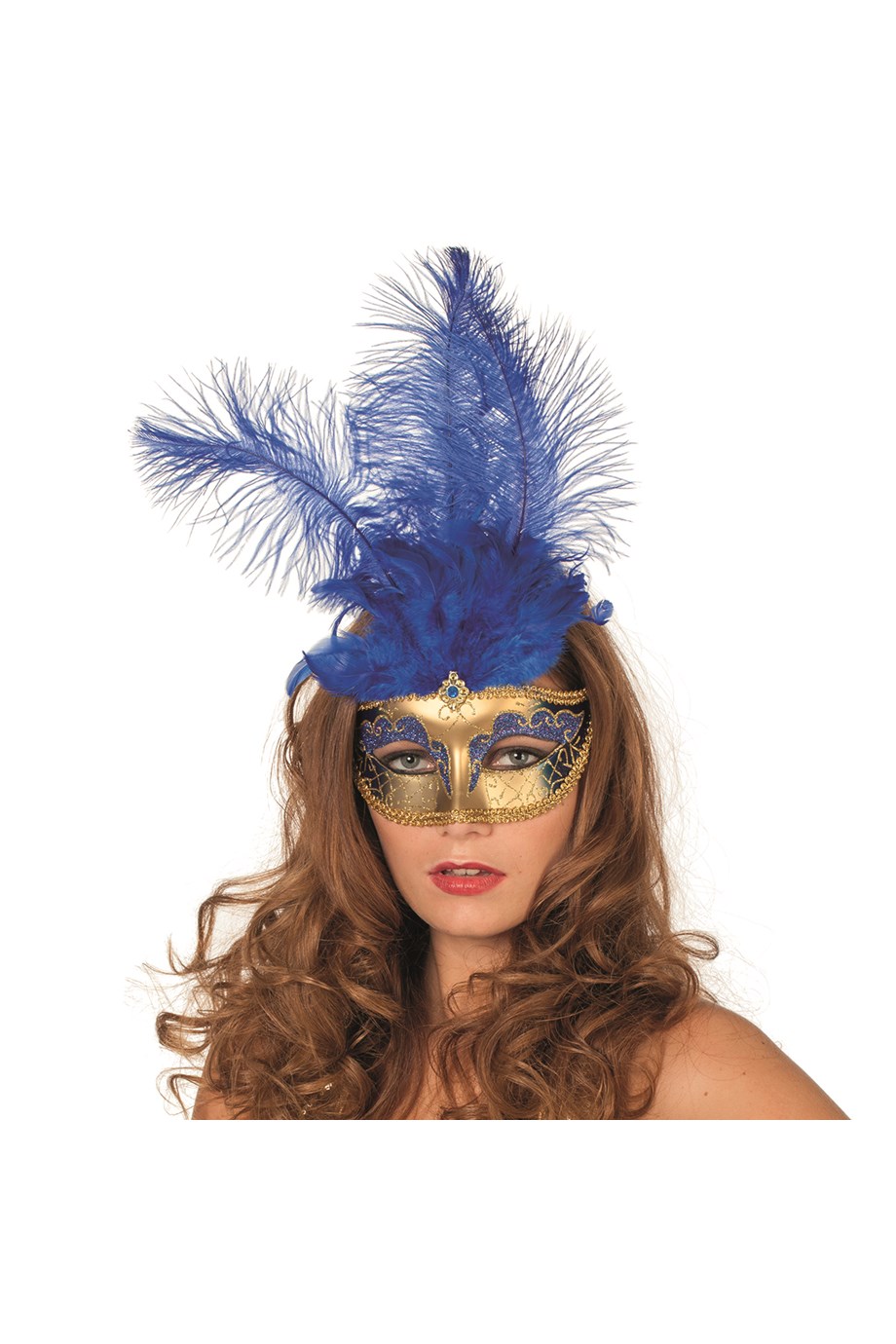 verkoop - attributen - Themafeest - Venetiaans masker blauw met grote pluimen
