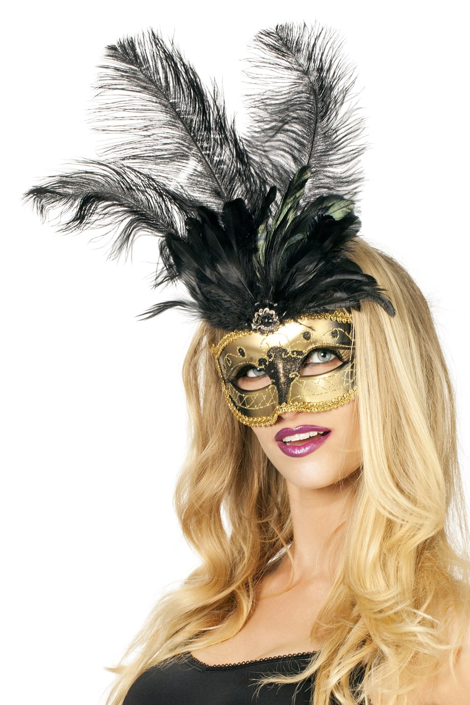 verkoop - attributen - Maskers - Venetiaans masker zwart met grote pluimen