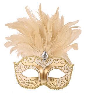 verkoop - attributen - Themafeest - Venetiaans masker wit met kleine pluimen